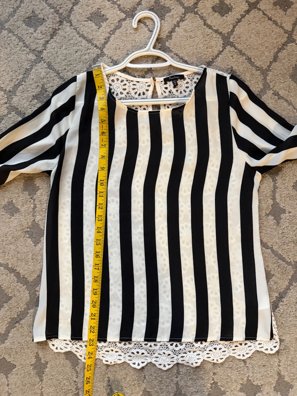 Monteau Black and White Vertical Stripe Lace-Hem Blouse - Picture 9 of 10